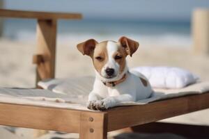 A dog sitting on a beach, summer concept image, photo