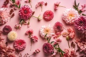 Top view image of pink flowers composition over pastel background, photo