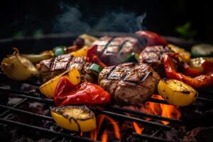 Delicious grilled meat with vegetables sizzling over the coals on a barbecue, photo