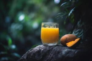 A glass of mango juice next to a mango in a forest, photo