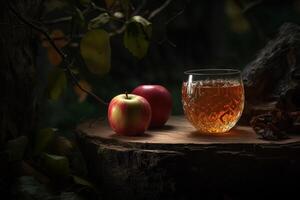 A glass of apple juice next to an apple on a tree stump, photo