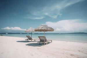 Beautiful beach, White sand, chairs and umbrella summer vacation background, photo