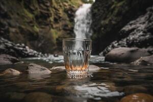 A glass sitting on top of a rock next to a waterfall, photo