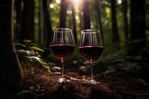 Two glasses of wine in a forest, photo