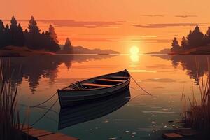 A painting of a boat on a lake at sunset, photo