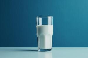 A glass of milk sitting on top of a table in front of a blue background, photo