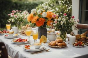 desayuno tardío mesa con flores, generativo ai foto