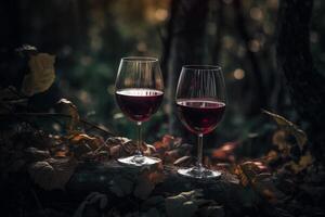 Two glasses of wine in a forest, photo