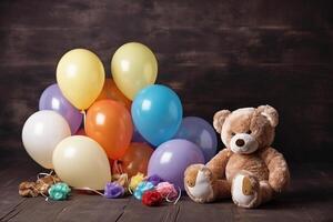 linda osito de peluche oso con vistoso globos, niños' cumpleaños concepto, generativo ai foto