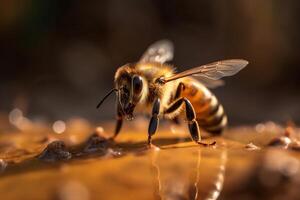 el abeja aterrizaje en miel con borroso fondo, generativo ai foto