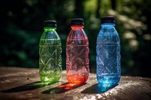 Water bottles on top of a rock in a forest, photo