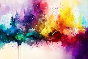 A painting of a colorful landscape with trees, watercolor grunge abstract background design, photo