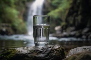 A glass of water sitting on a rock in front of a waterfall, photo