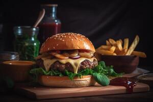 Hamburger with cheese, lettuce and french fries, photo
