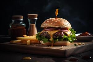 Hamburger with cheese, lettuce and french fries, photo
