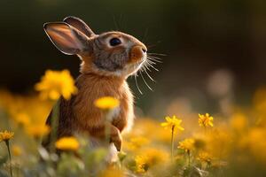 A brown rabbit standing in a field of yellow flowers, photo