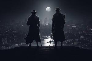 Two samurai standing in front of a city at night, photo