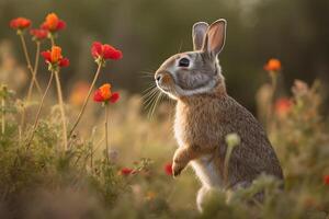 A rabbit standing in a field of flowers, photo