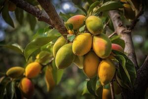 A picture of mangoes hanging from a branch, photo