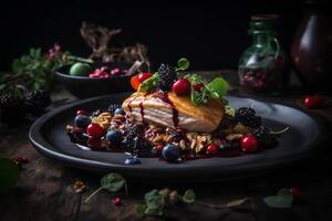 A plate of delicious food with berries and sauce on it, photo