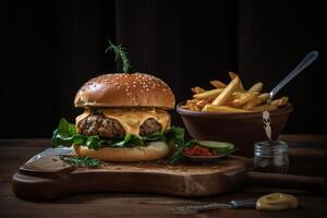 Hamburger with cheese, lettuce and french fries, photo