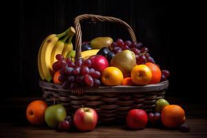 un Fruta cesta metido en un oscuro de madera mesa con un oscuro fondo, generativo ai foto