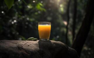 A glass of healthy mango juice sitting on top of a rock in a forest, photo