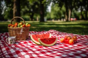 A picnic blanket with a basket of tomatoes and watermelon, photo