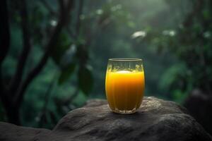 A glass of healthy mango juice sitting on top of a rock, photo