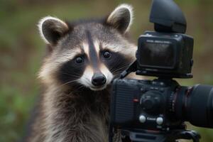 A raccoon using a camera in front of a blurry background, photo