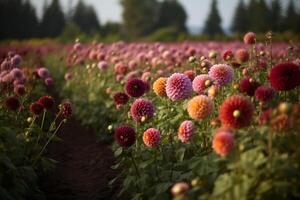 Dahlia flower field in bloom, flower field background, photo