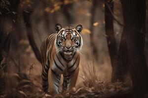An image of a tiger is coming towards the camera in a forest, photo