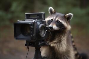 A raccoon using a camera in front of a blurry background, photo