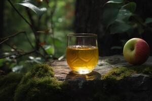 A glass of apple juice next to an apple on a rock, photo