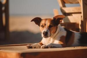A dog sitting on a beach, summer concept image, photo
