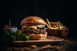 Hamburger with cheese, lettuce and french fries, photo