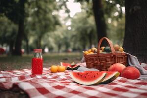 A picnic blanket with a basket of fruit and a bottle of juice, photo