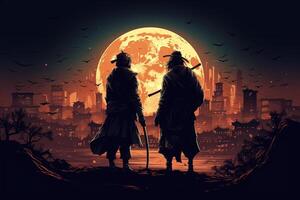Two samurai standing in front of a city at night, photo