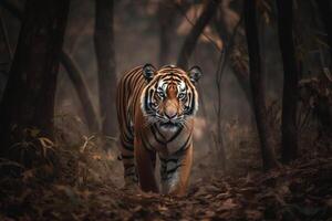 An image of a tiger is coming towards the camera in a forest, photo
