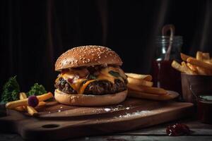 Hamburger with cheese, lettuce and french fries, photo