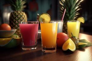 A wooden table topped with three glasses of juice and some fruit, photo