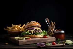 Hamburger with cheese, lettuce and french fries, photo