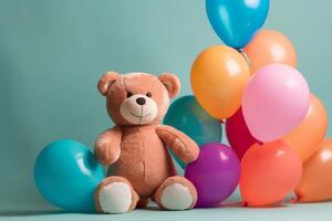 linda osito de peluche oso con vistoso globos, niños' cumpleaños concepto, generativo ai foto