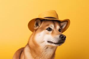 Shiba Inu dog wearing a hat on yellow background, photo