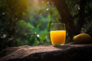 A glass of mango juice sitting on a rock, photo