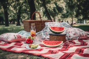 A picnic blanket with watermelon, strawberries, and other fruit on it, photo