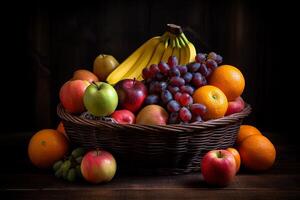 A fruit basket placed on a dark wooden table with a dark background, photo