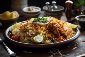 un imagen de un plato de Biryani servido con algunos salat, generativo ai foto