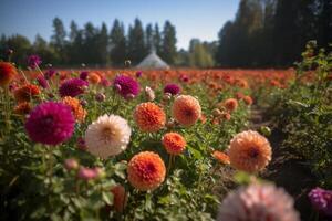 Dahlia flower field in bloom, flower field background, photo