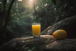 A glass of healthy mango juice next to an mango on a rock, photo